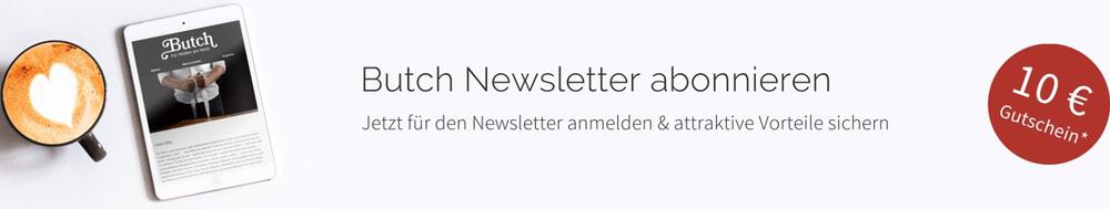Banner für 10 € Butch Newsletter-Gutschein mit Kaffeetasse und Tablet mit geöffneter Butch Website