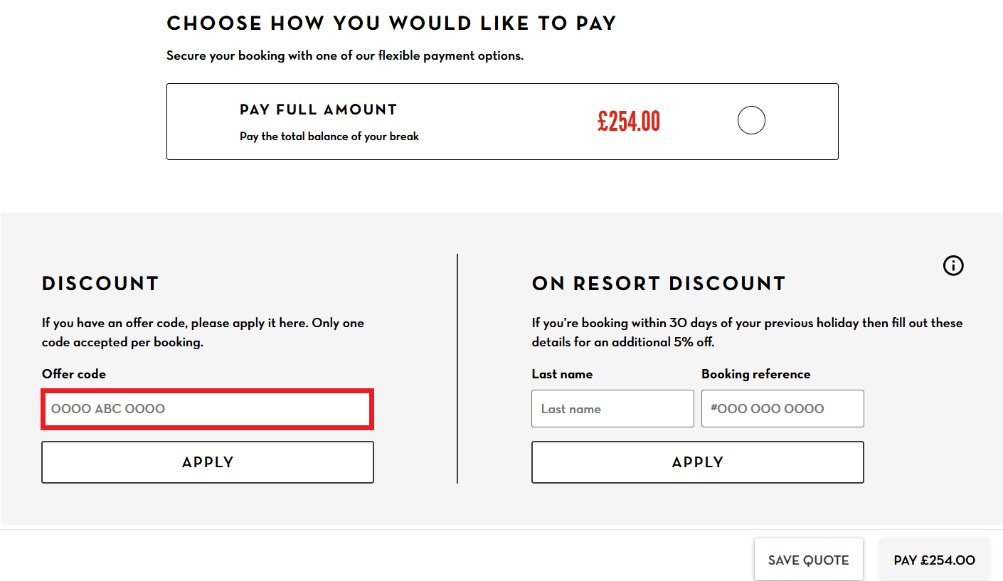 Butlin's discount code redemption box image