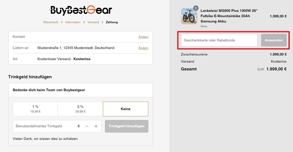 Screenshot aus dem Warenkorb mit Gutscheinfeld zum Anwenden vom Buybestgear Gutschein