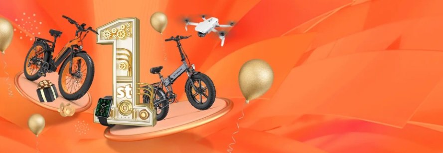 orangefarbenes Banner mit E-Bikes und der Nummer 1 als Banner für die Buybestgear Gutscheinseite
