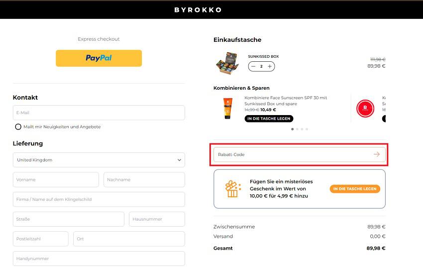 Screenshot wie der Byrokko Gutschein eingelöst werden kann.