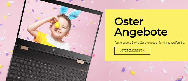 Laptop mit fröhlichem Kind im Bild und Konfetti in den Oster Angeboten von HP
