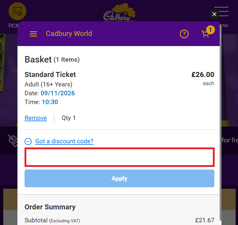 Cadbury World discount code box during checkout image