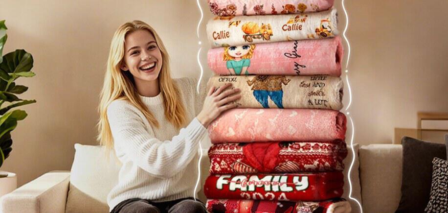 Callie deals banner showing a smiling woman sat on a sofa supporting a stack of rolled blackets
