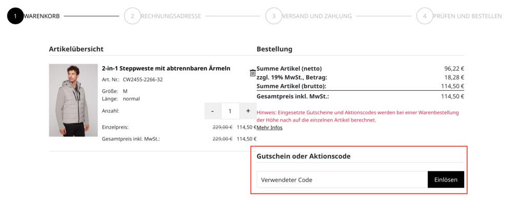 Warenkorb-Screenshot mit Eingabefeld für deinen Camp David Gutschein