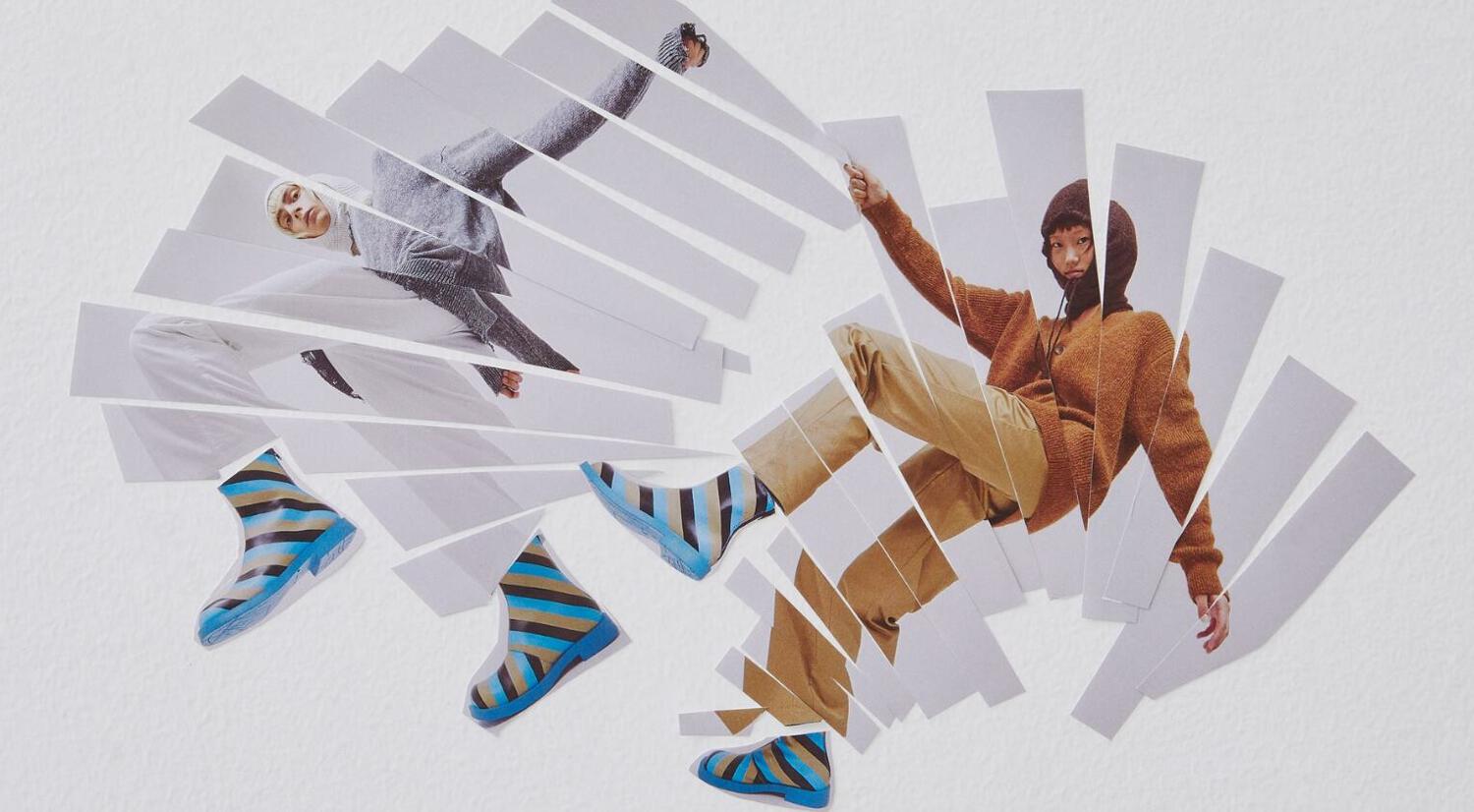 Camper deals page image - 2 people in surreal clothing wearing colourful boots, with the image cut up to make oval shapes