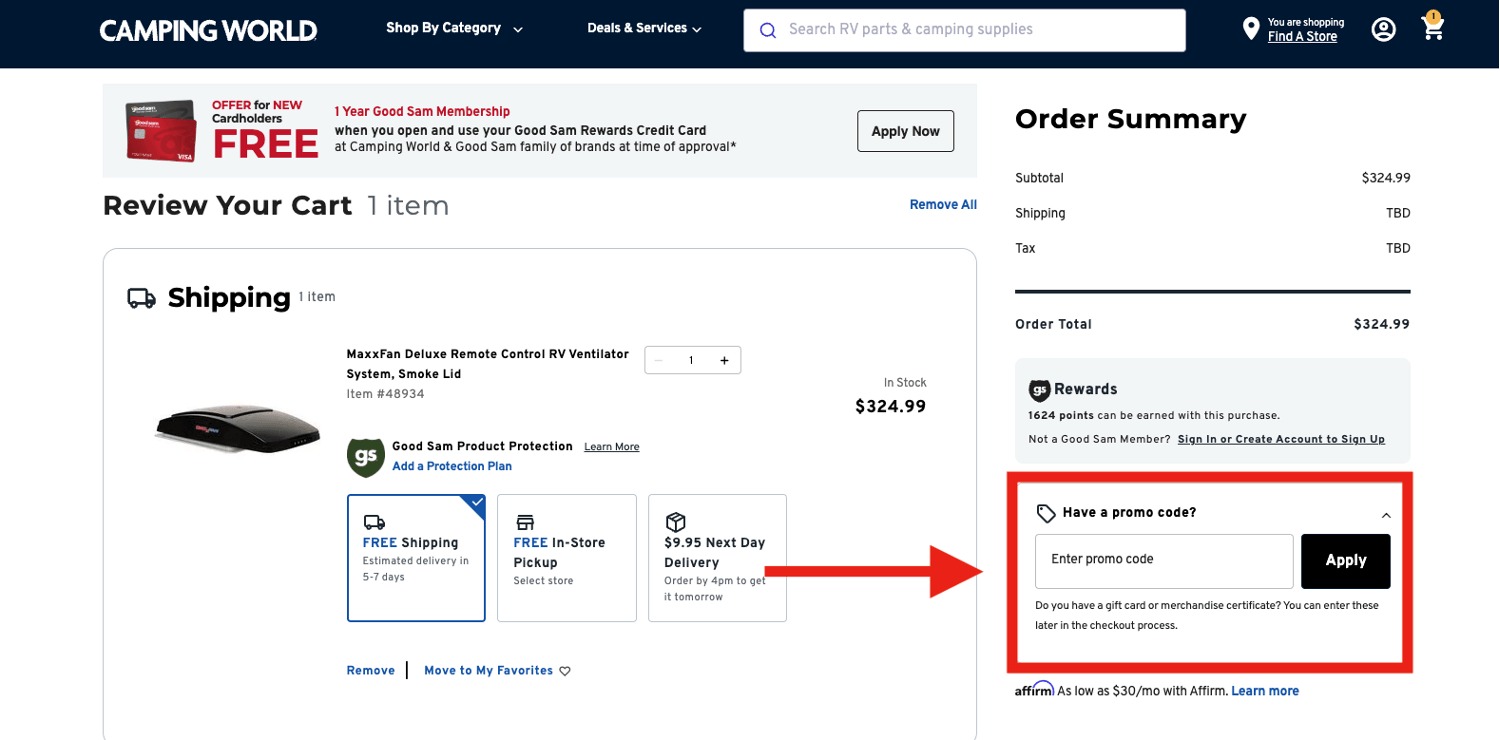 red arrow pointing to promo code box