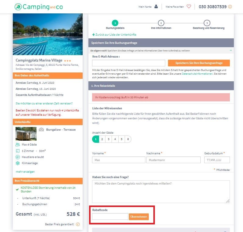 Einlösen des Camping-and-Co-Gutscheins im Voucher-Feld des Online-Shops
