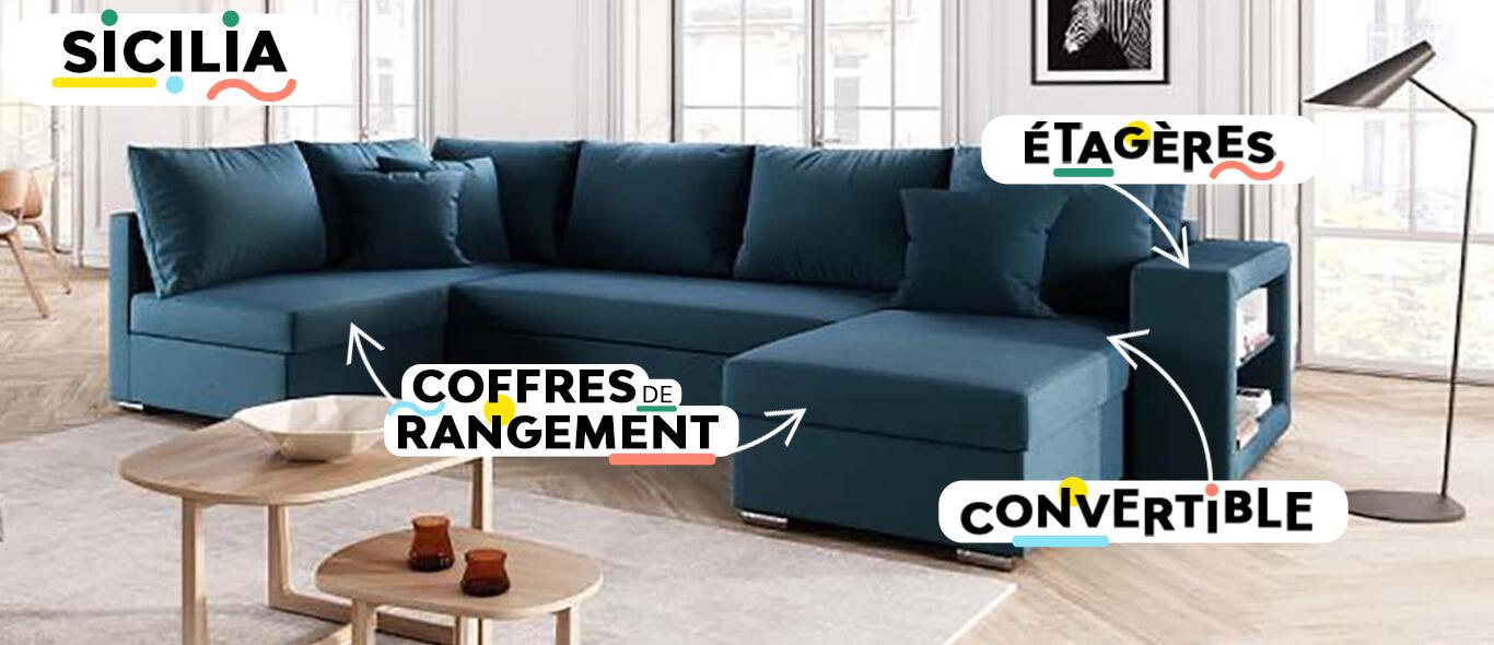 photo montrant un canapé d&apos;angle bleu vendu par Concept Usine