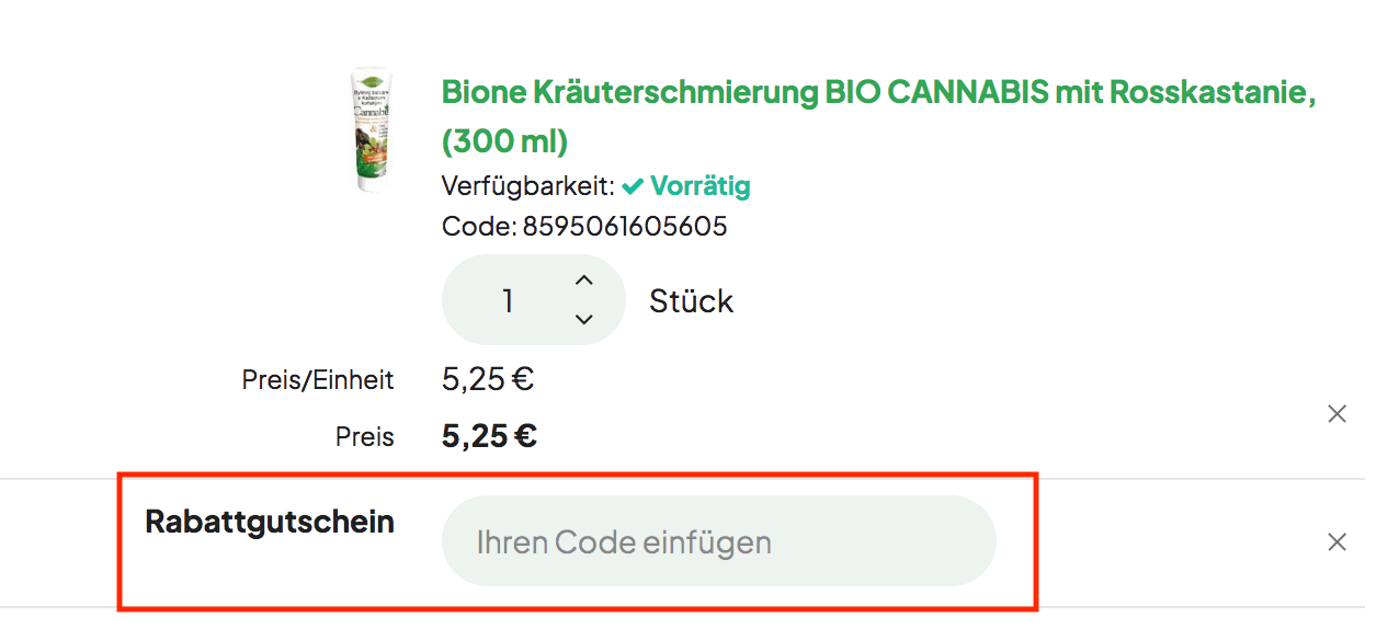 Eingabefeld für den Canatura Rabattcode im Warenkorb