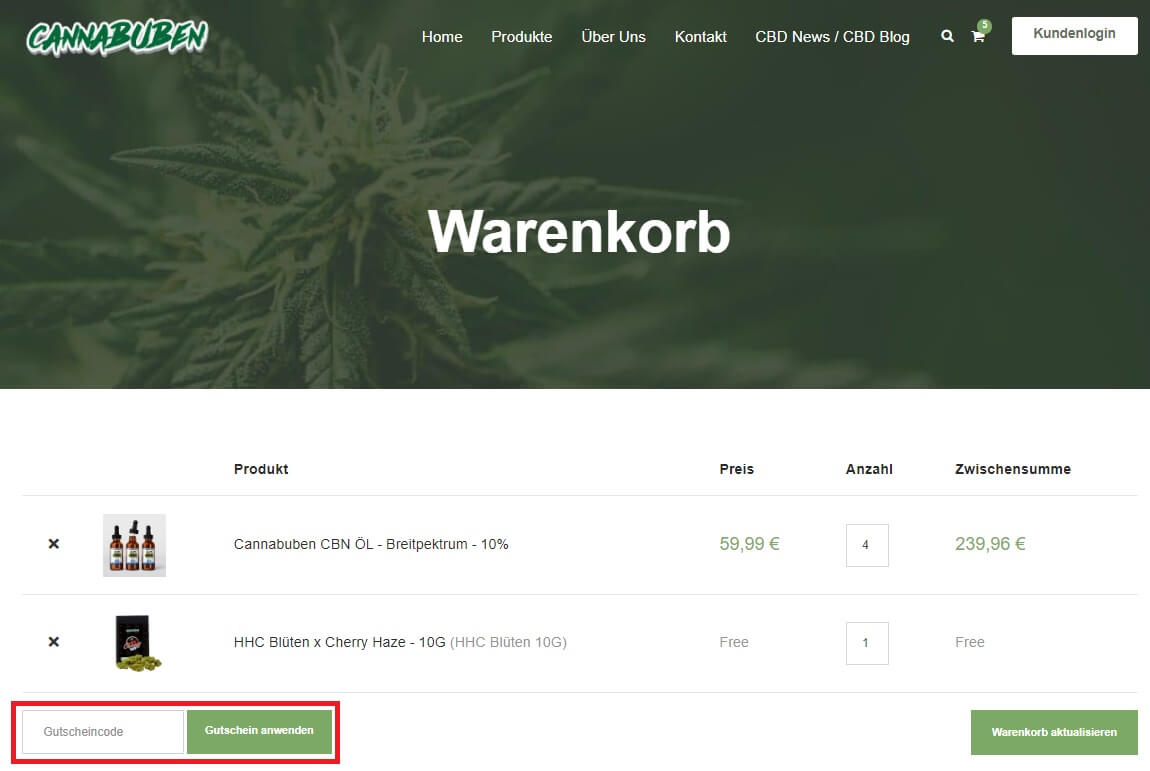 Warenkorbansicht mit Eingabefeld, wo du den Cannabuben Gutschein anwenden kannst