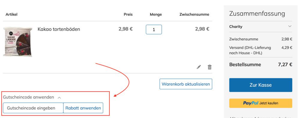 Warenkorb-Screenshot mit Eingabefeld für deinen Capalus Gutschein