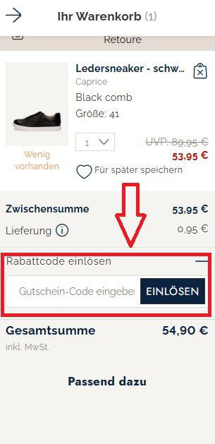 Screenshot aus dem Warenkorb mit Hinweis darauf, wo du den Caprice Gutschein einlösen kannst