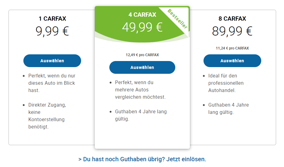 Übersicht der Carfax-Pakete 1 Carfax, 4 Carfax und 8 Carfax