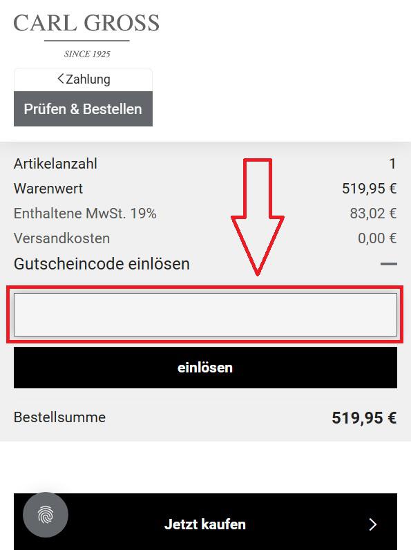 Eingabefeld für einen Carl Gross Gutschein im Online-Shop