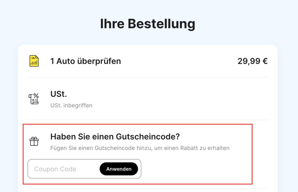 Warenkorb-Screenshot mit Eingabefeld für deinen carVertical Gutschein
