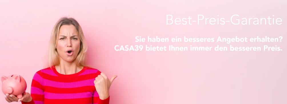 Frau mit Sparschwein auf Banner für Casa39 Bestpreisgarantie