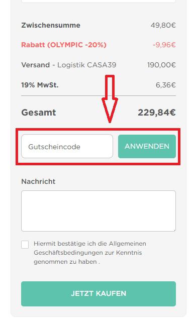 Screenshot vom Eingabefeld für einen Casa39 Gutschein einlösen