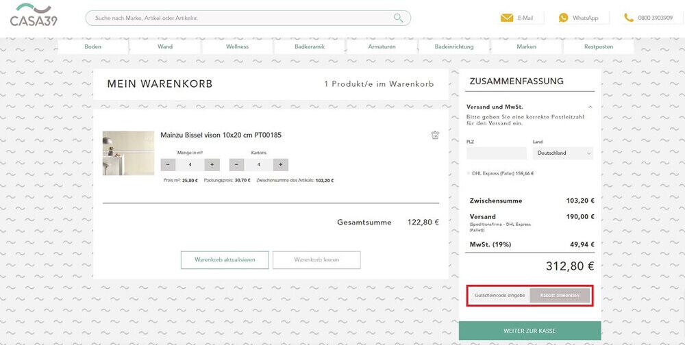 Screenshot vom Eingabefeld für einen Casa39 Gutschein einlösen