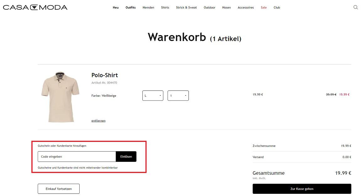 Screenshot aus dem Warenkorb mit Feld zum Einlösen vom CASAMODA Gutschein