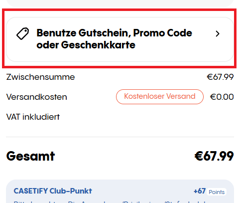 Checkout-Screenshot mit Eingabefeld für deinen Casetify Gutschein