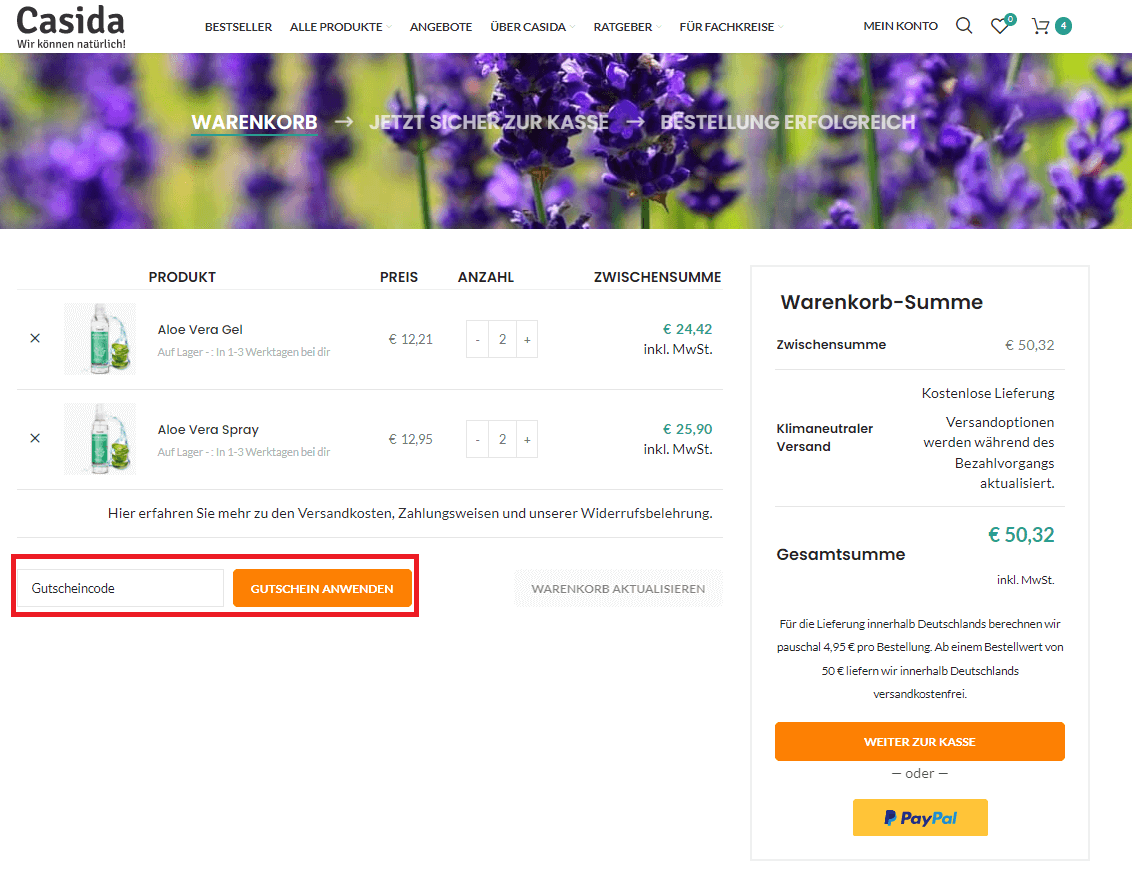 Screenshot vom Eingabefeld zum Casida-Gutschein-Anwenden