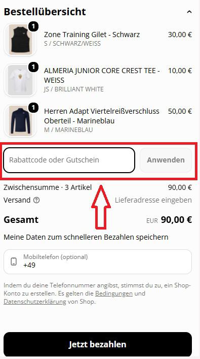 Screenshot vom Eingabefeld für den Castore Gutschein