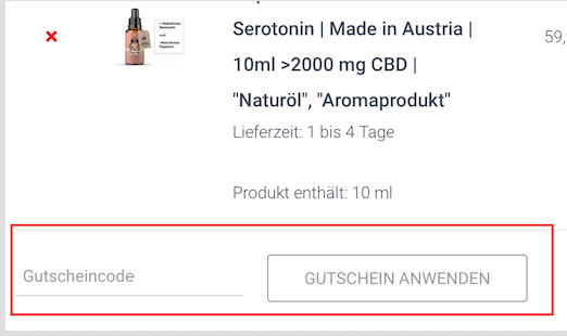 Eingabefeld für den CBD Blume Gutschein im Warenkorb