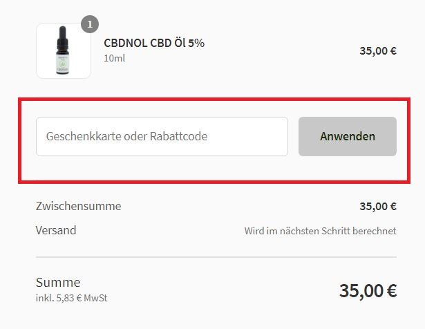 Screenshot der virtuellen Kasse mit Feld zum CBDNOL Gutschein einfügen