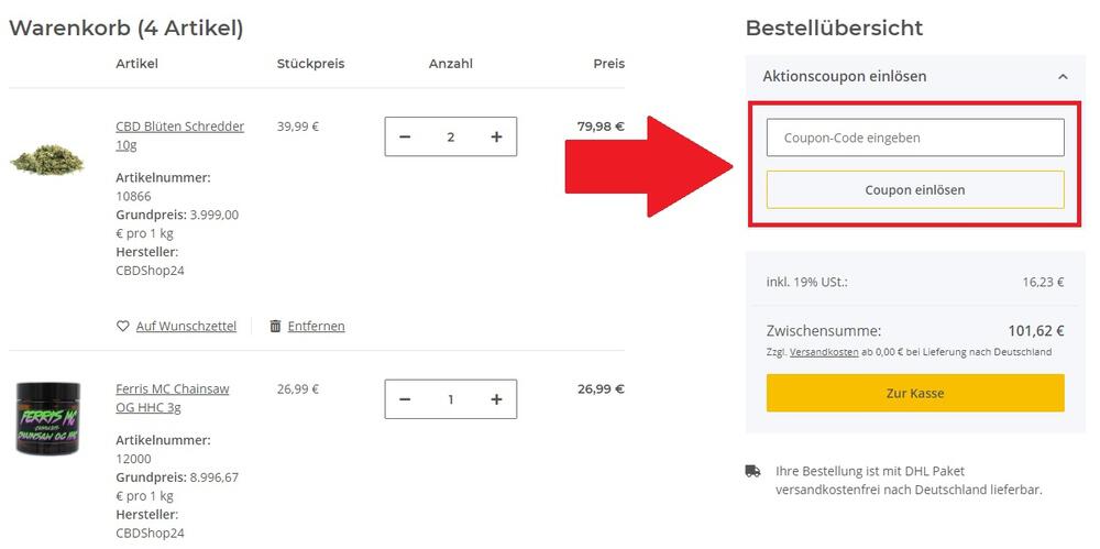 Löse deinen CBDShop24 Coupon einfach im Warenkorb ein.