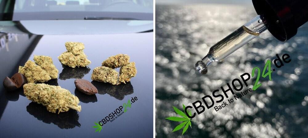 Banner für die CBDShop24 Gutscheinseite: CBD-Blüten und Öl-Pipette