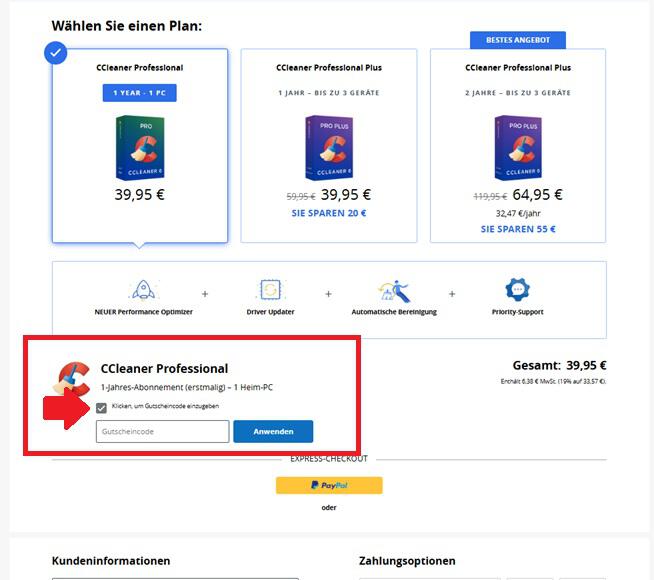 Screenshot vom Eingabefeld für einen CCleaner Gutschein
