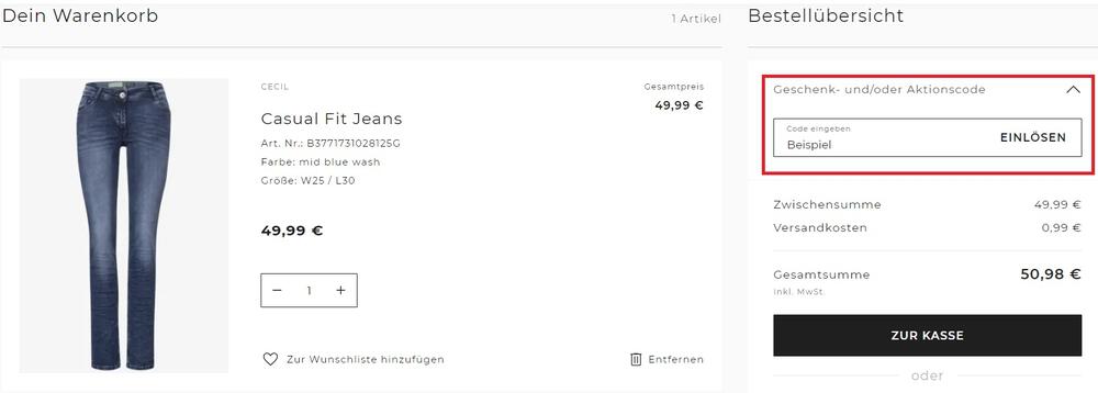 Screenshot vom Eingabefeld für einen CECIL Gutschein im Warenkorb