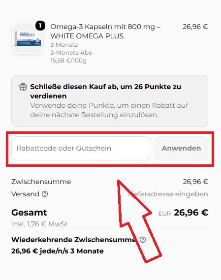 Screenshot vom Eingabefeld mit Hinweis darauf, wo du deinen Cellavent Gutschein einlösen kannst