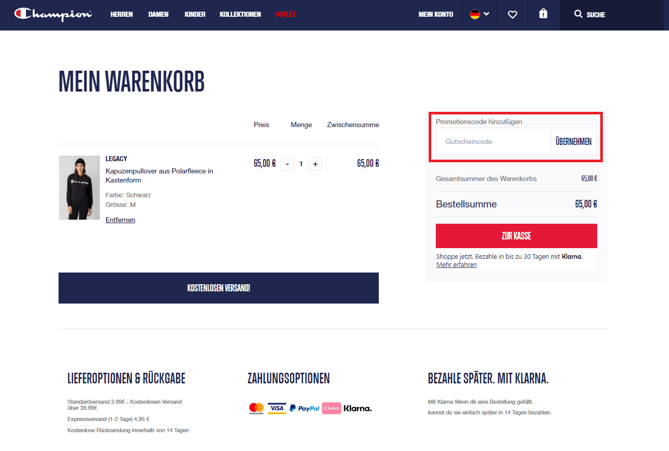Champion-Gutschein im Warenkorb einlösen