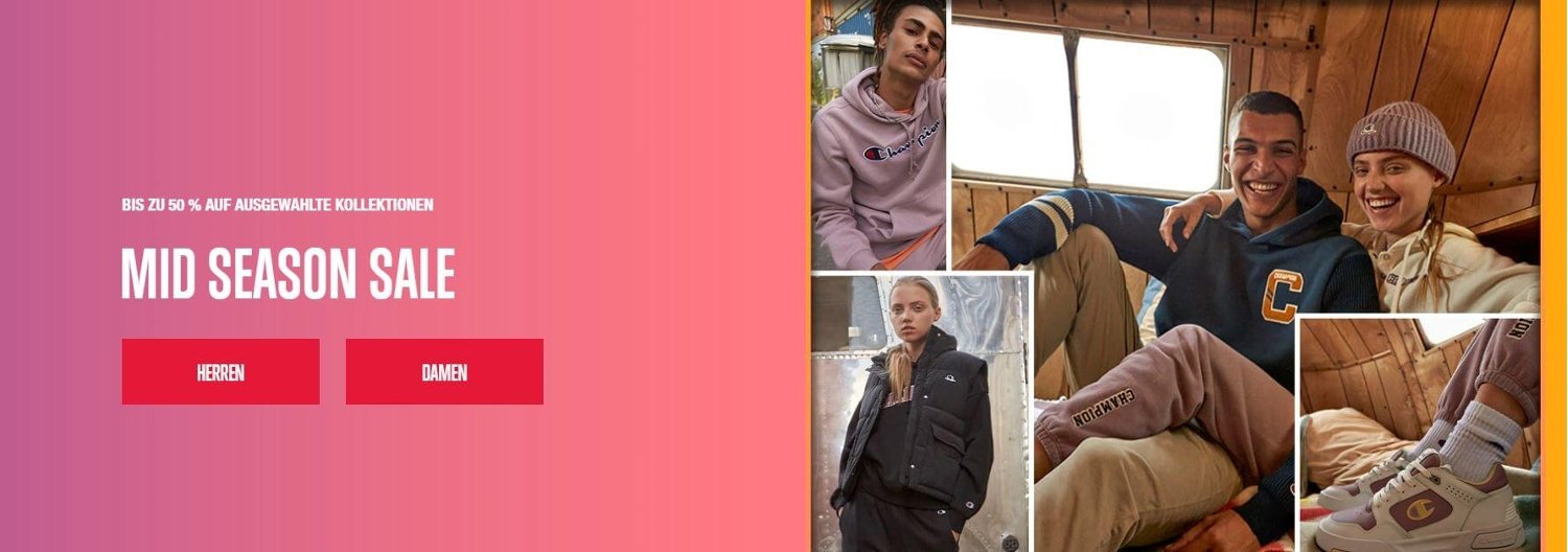 Banner für 50 % Rabatt im Champion-Sale