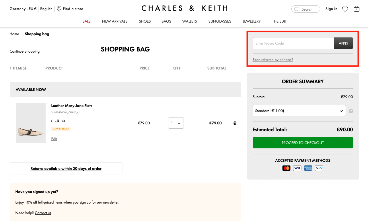 Im Warenkorb von Charles & Keith kannst du deinen Gutschein einlösen.