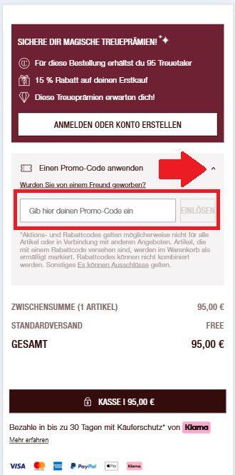 Screenshot vom Warenkorb mit Eingabefeld für Charlotte Tilbury Rabattcode