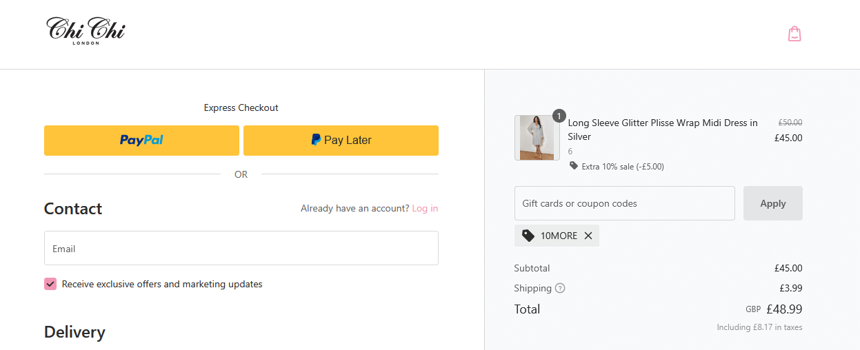 Screenshot of the Chi Chi London discount code box