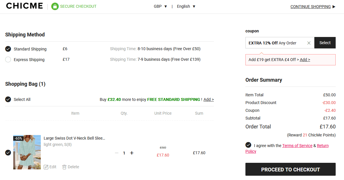 Screenshot of the Chic Me discount code box at checkout