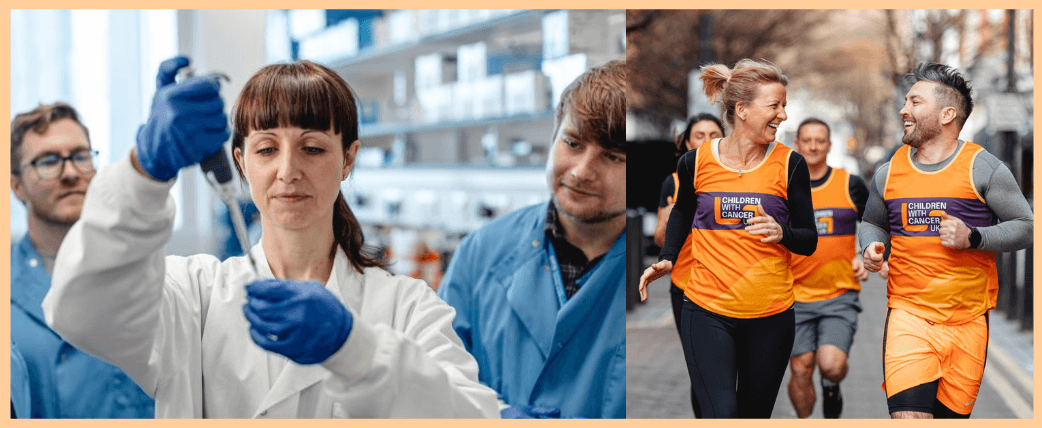 scientists in a lab alongside fundraisers running a marathon