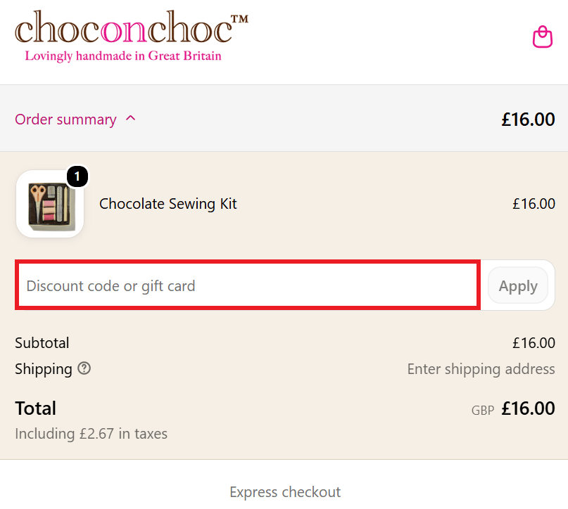 Choc on Choc discount code redemption box in the shopping bag
