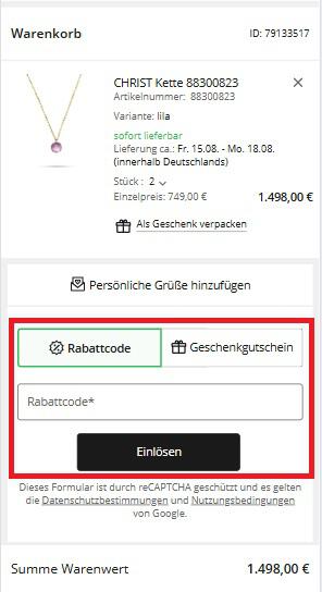 Screenshot vom Eingabefeld für den Christ Rabattcode in der Warenkorbansicht