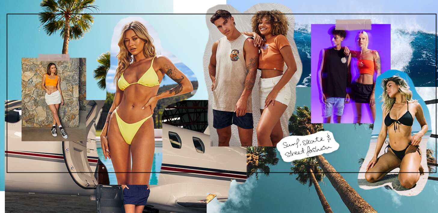 City Beach Australia deals page banner showing a scrapbook of images featuring women in bikinis and men in streetwear