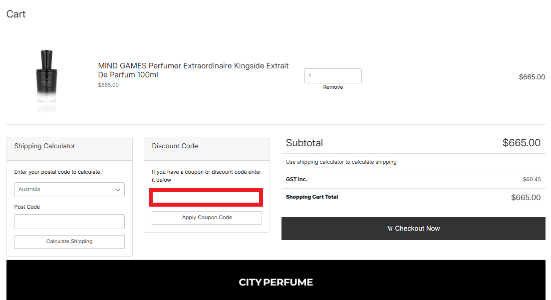 City Perfume discount code box in shopping cart image