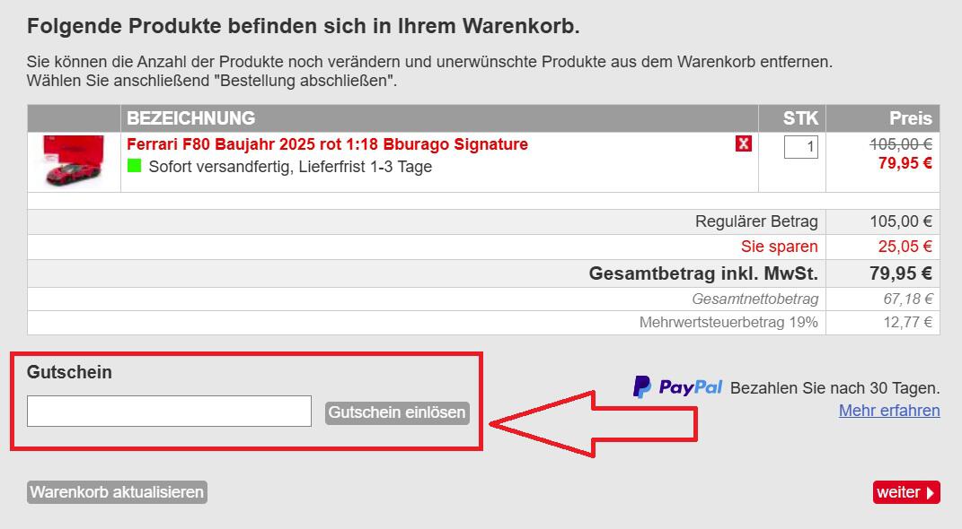 Screenshot vom Eingabefeld mit Hinweis darauf, wo du den CK-Modelcars Gutschein einlösen kannst