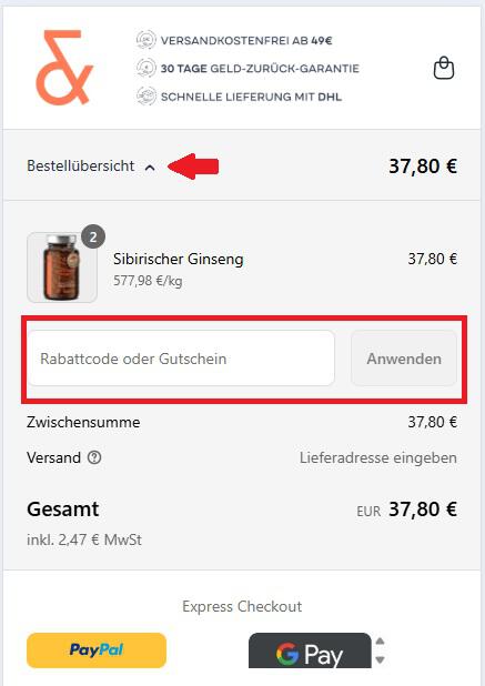 Screenshot vom Eingabefeld für einen CLAV Rabattcode an der Online-Kasse