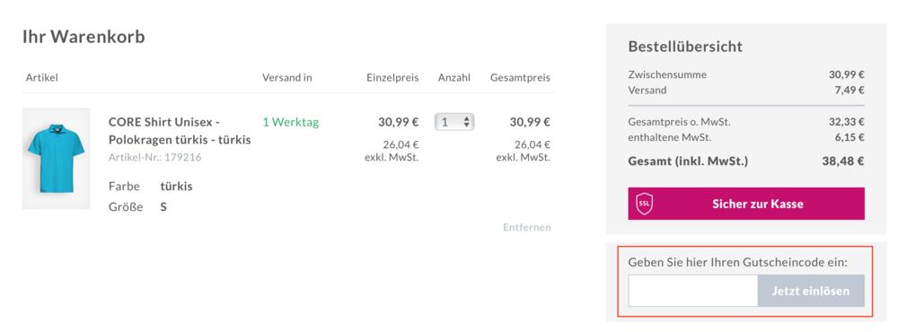 Warenkorb-Screenshot mit Eingabefeld für Clinic Dress Gutschein
