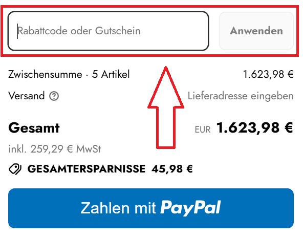 Screenshot vom Eingabefeld mit Hinweis darauf, wo du deinen CLOUVOU Gutschein einlösen kannst
