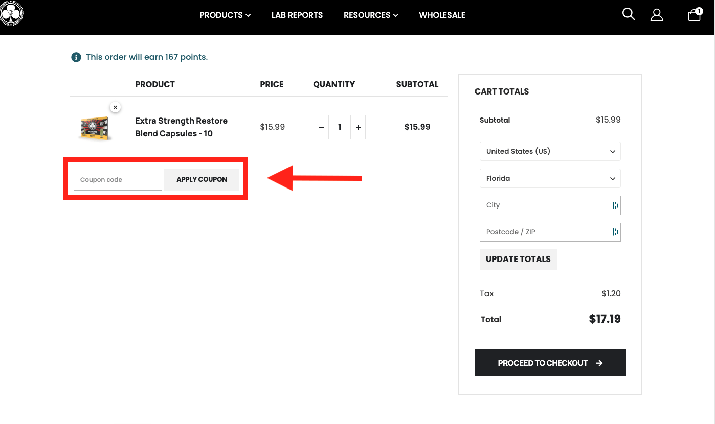 red arrow pointing to club 13 coupon code box